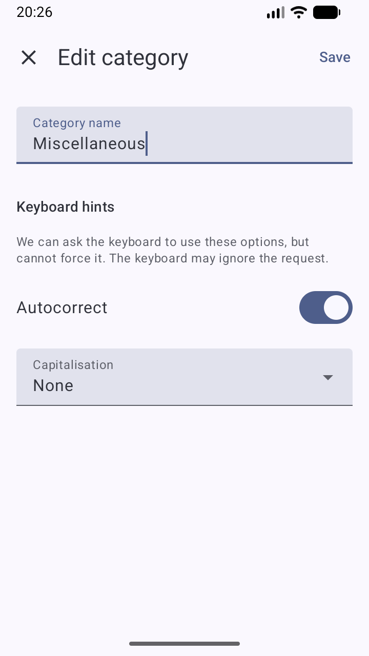 Category add/edit screen